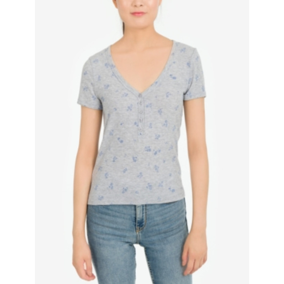 Pink Rose Juniors Floral Print Short Sleeve V-Neck T-Shirts Top Gray L, $24 NWT - Picture 1 of 3